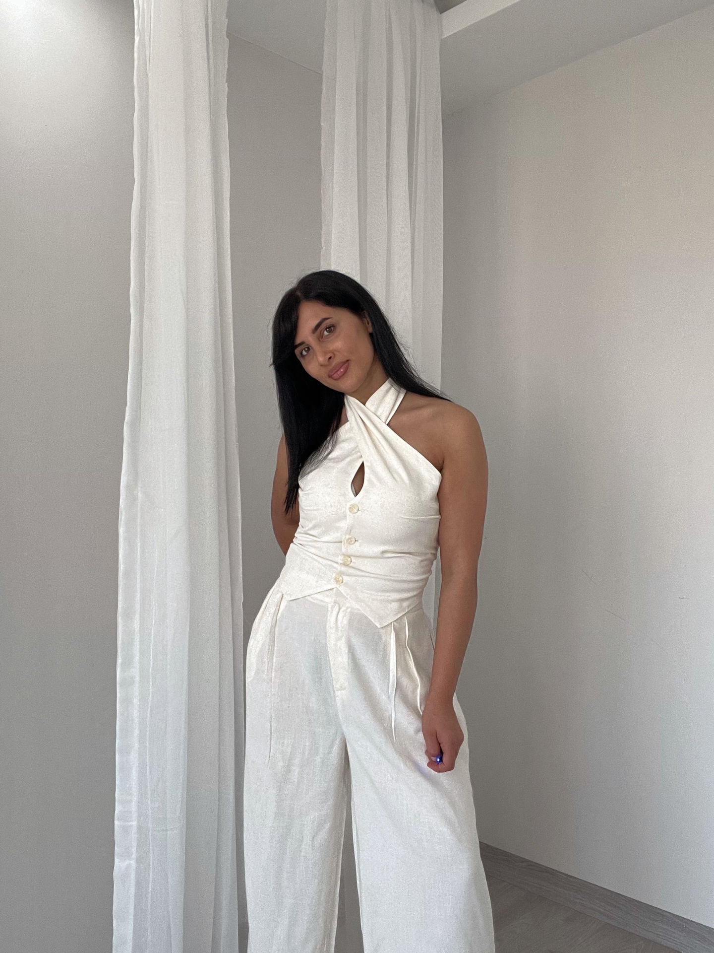 Çapraz Yaka Detaylı Yelek Pantolon Keten Takım