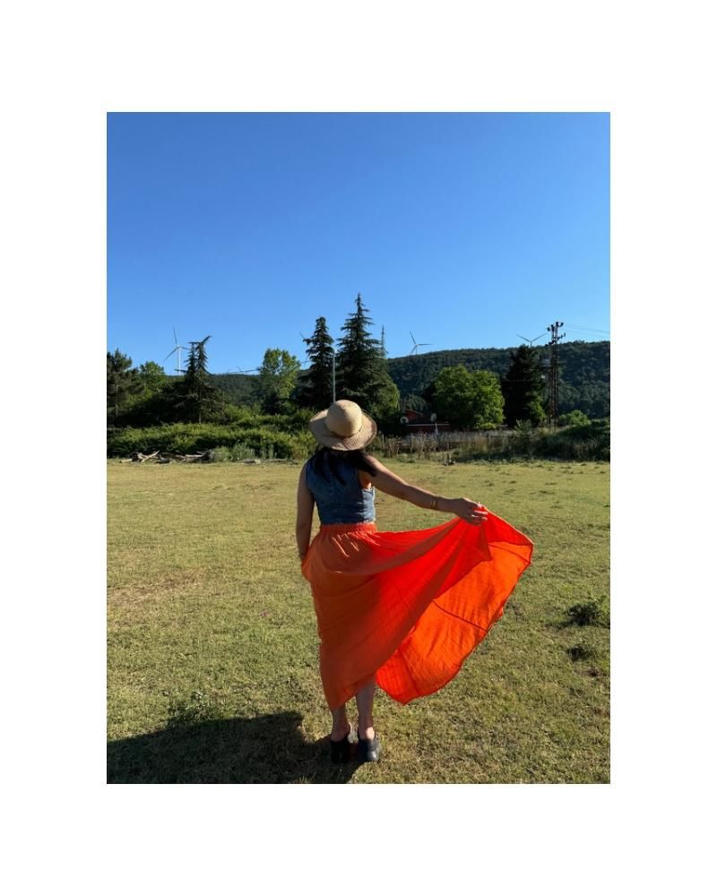 Turuncu Beli Lastikli Gofre Etek