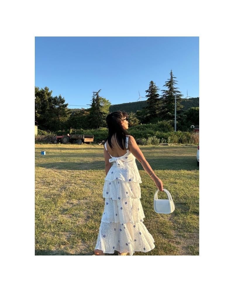 Kat Kat Bağlamalı Lila Çiçekli Elbise