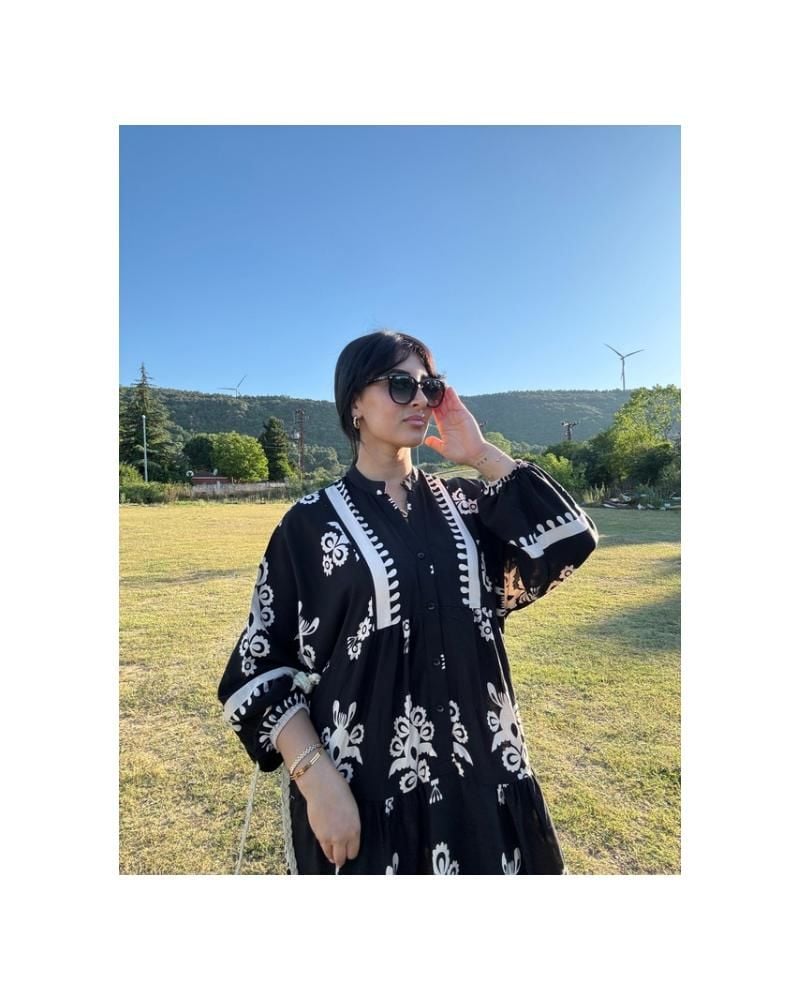 Etnik Desen Siyah Elbise