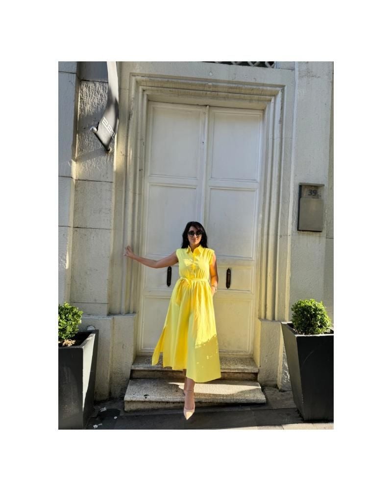 Sarı Vatkalı Gömlek Elbise
