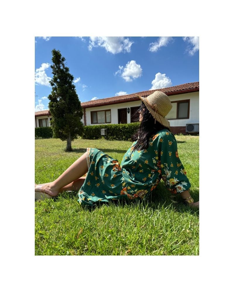 Yeşil Uzun Çiçekli Elbise