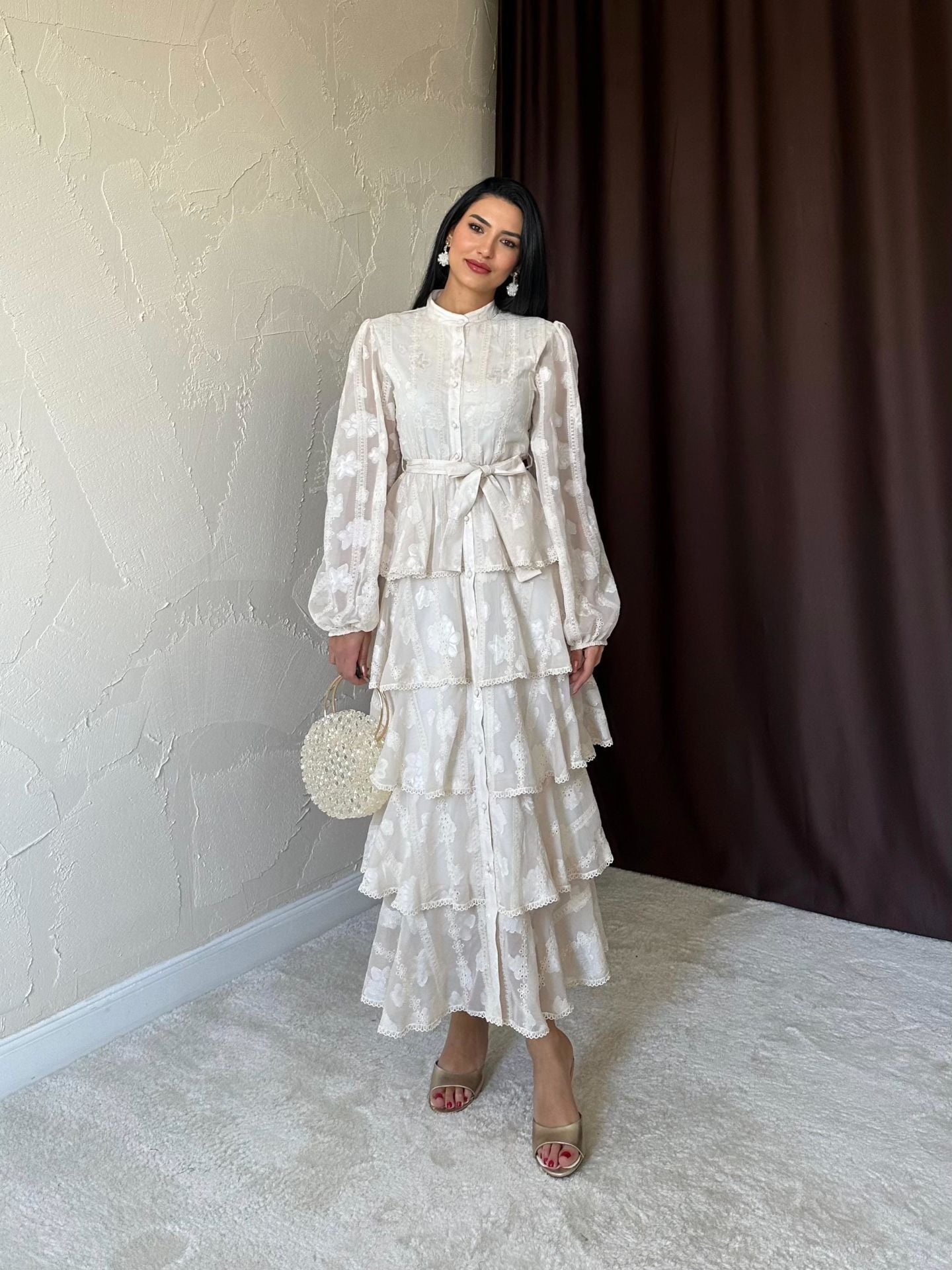 Nakışlı Bej İşlemeli Elbise