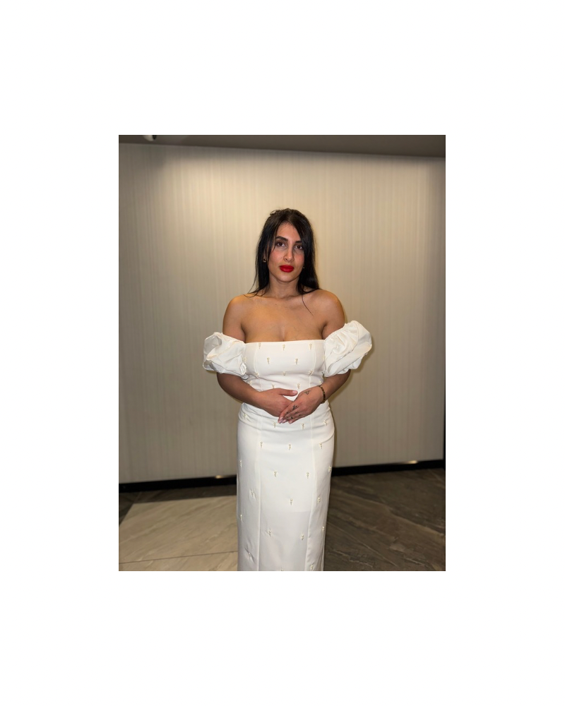 Balon Kol İncili Elbise BEYAZ