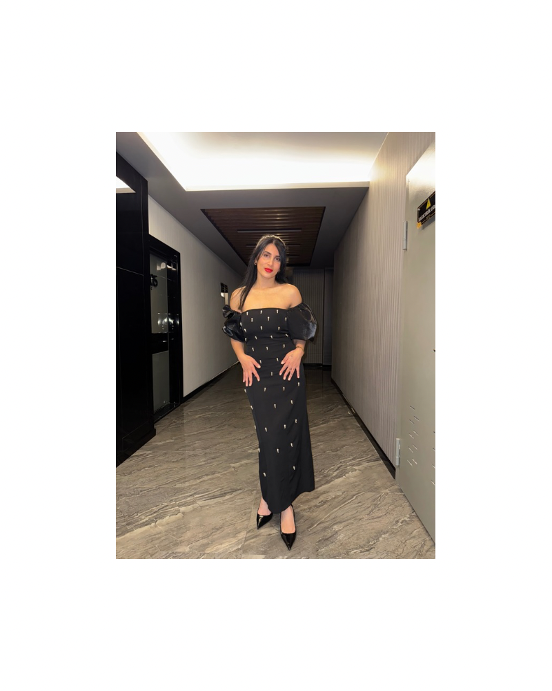 Balon Kol İncili Elbise Siyah