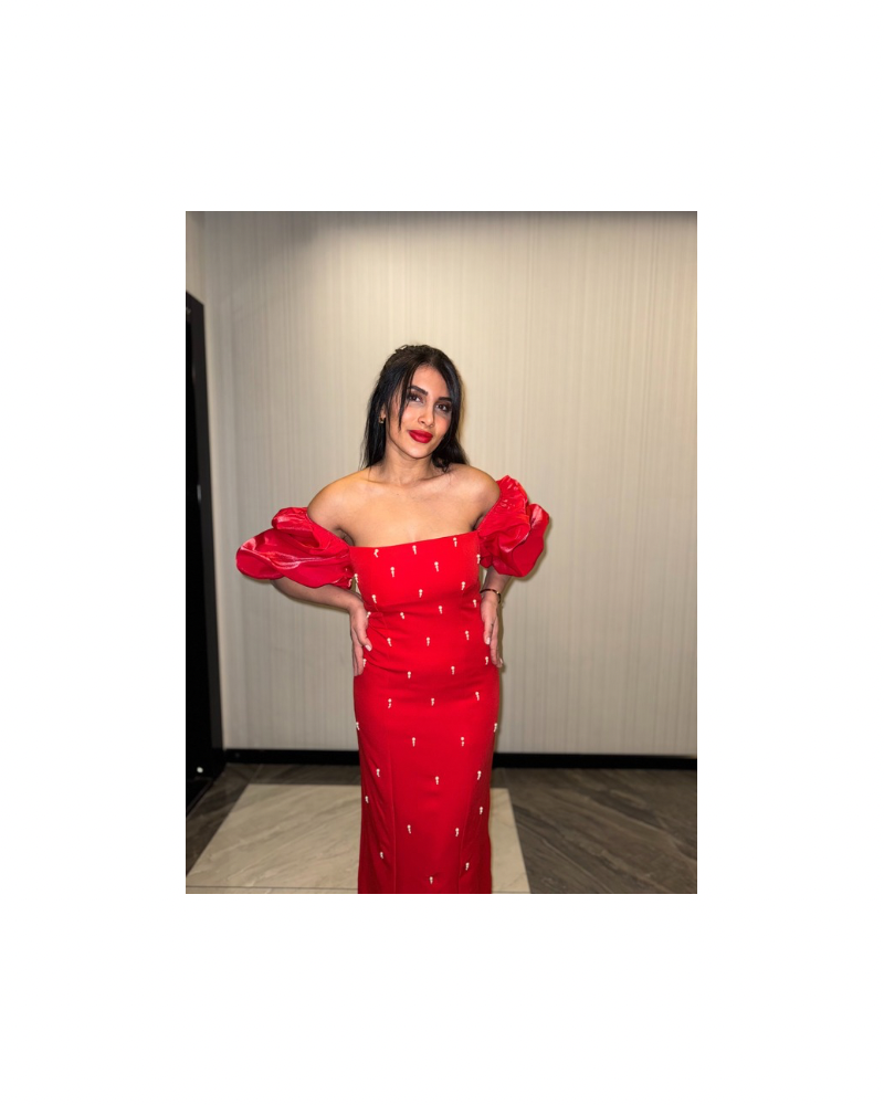 Balon Kol İncili Elbise Kırmızı