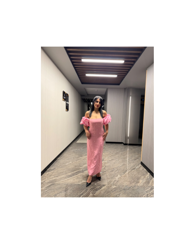 Balon Kol İncili Elbise Pembe