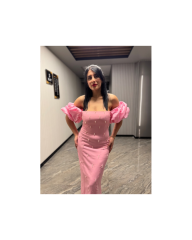 Balon Kol İncili Elbise Pembe