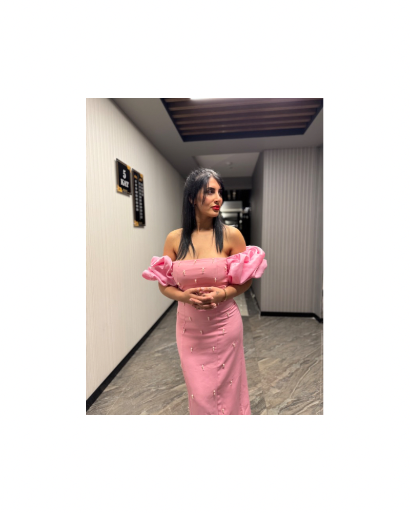 Balon Kol İncili Elbise Pembe