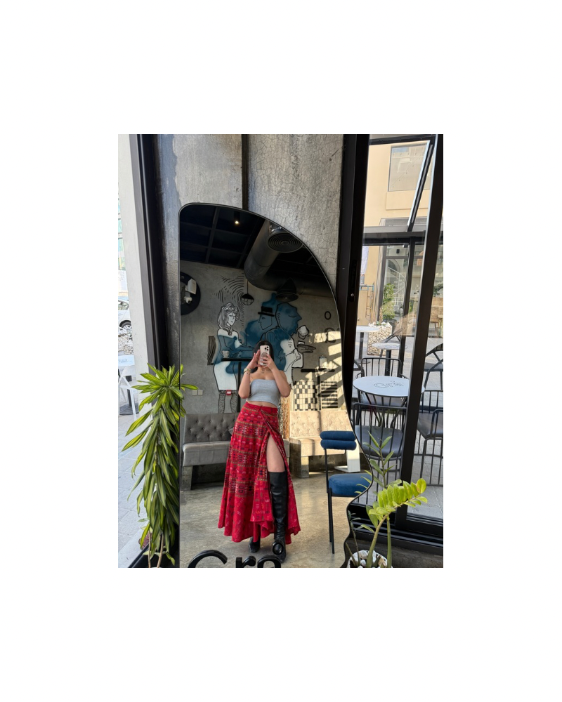 Etnik Desen Bağlamalı Etek Kırmızı