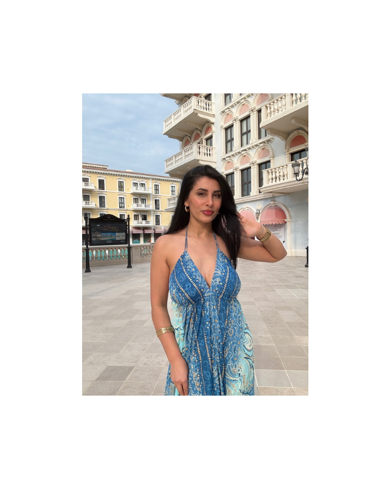 Mavi Sırt Dekolteli Elbise