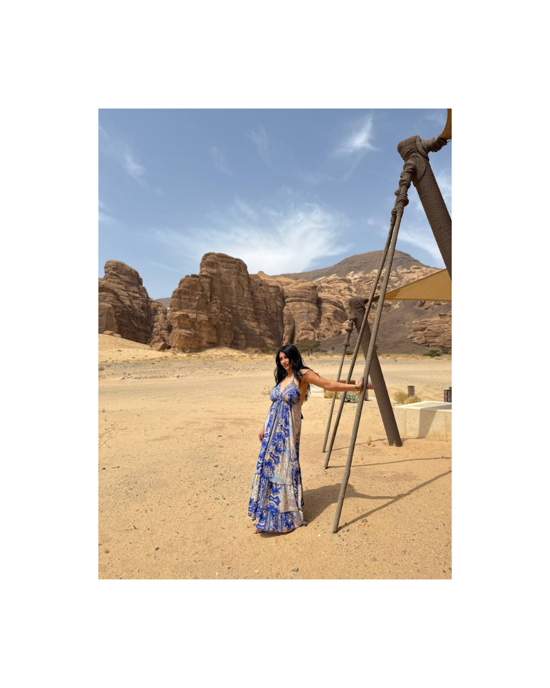 Sırt bağlamalı mavi bohem elbise