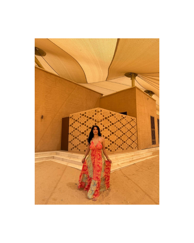 Sırt bağlamalı turuncu bohem elbise