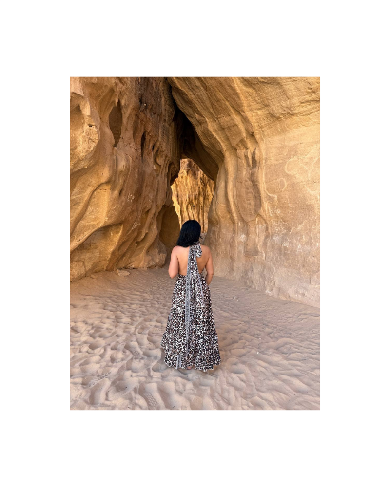 Leopar desenli bohem elbise