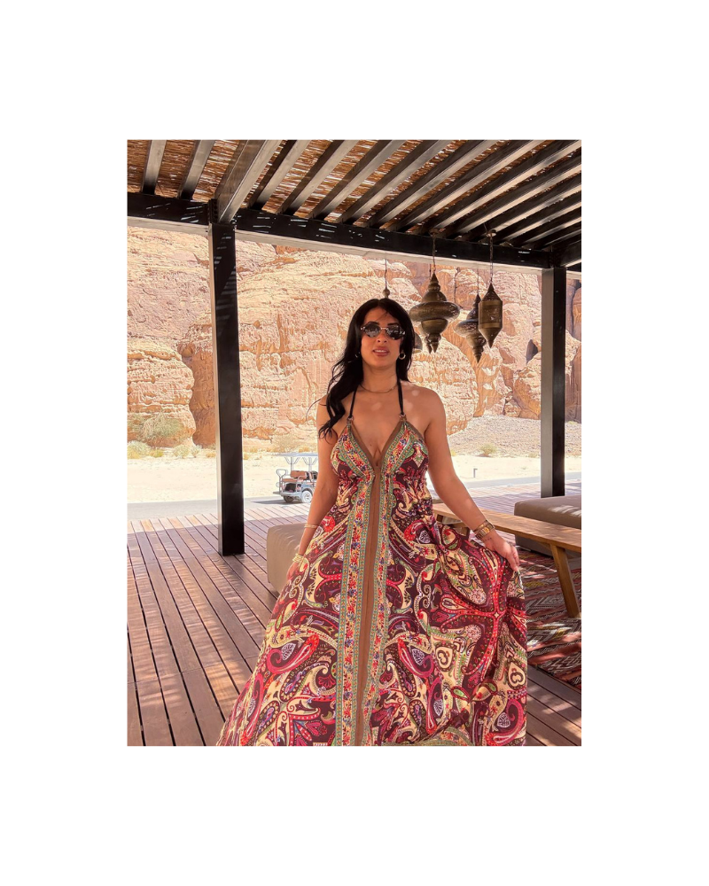 Sırt bağlamalı karışık desen bohem elbise