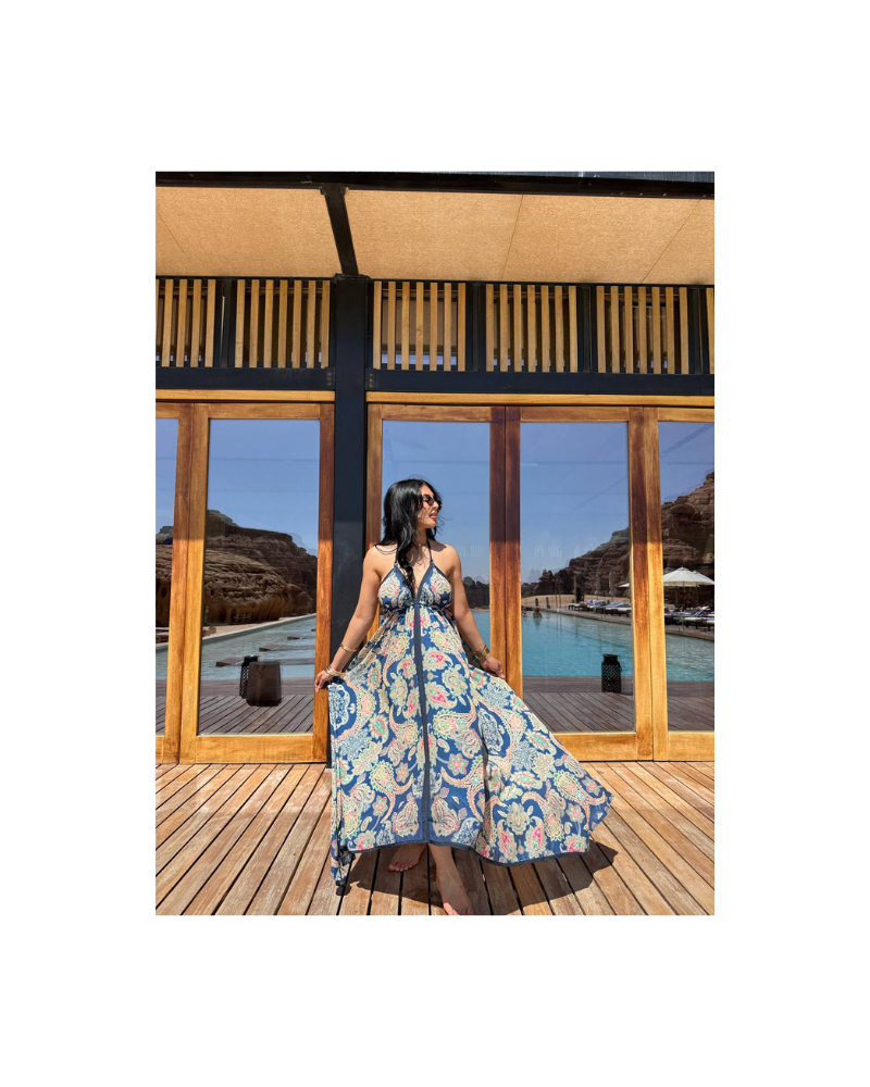 etnik desen mavi elbise