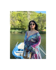 madonna yaka mavi mor elbise