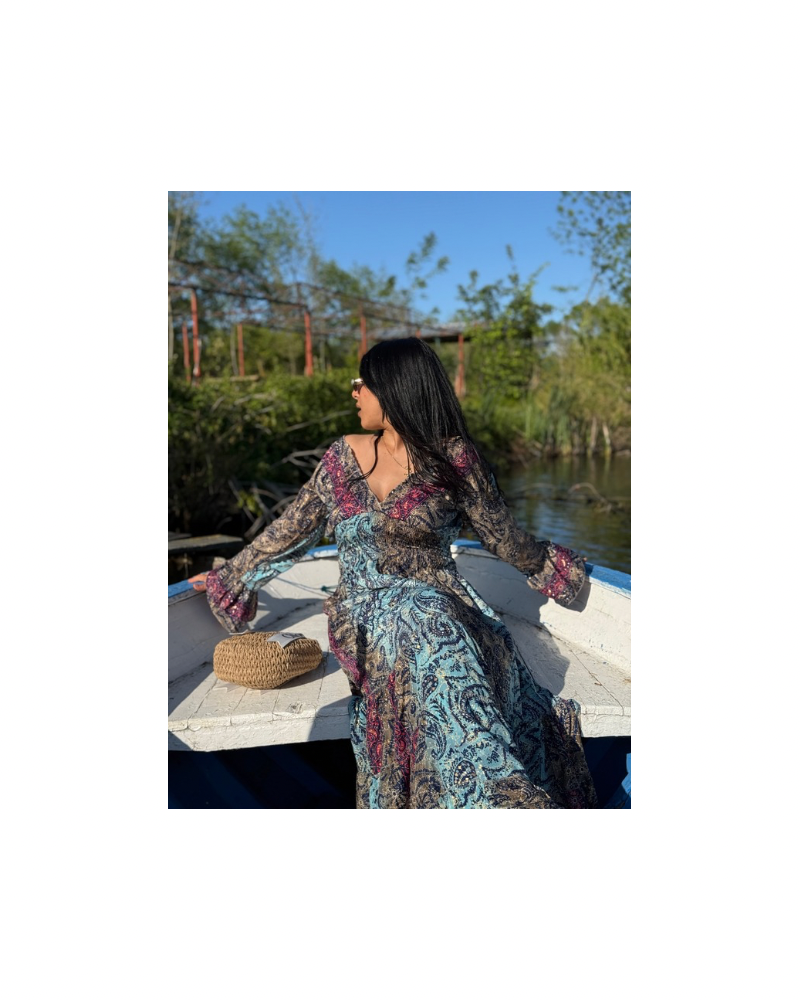 Madonna yaka elbise mavi kahve