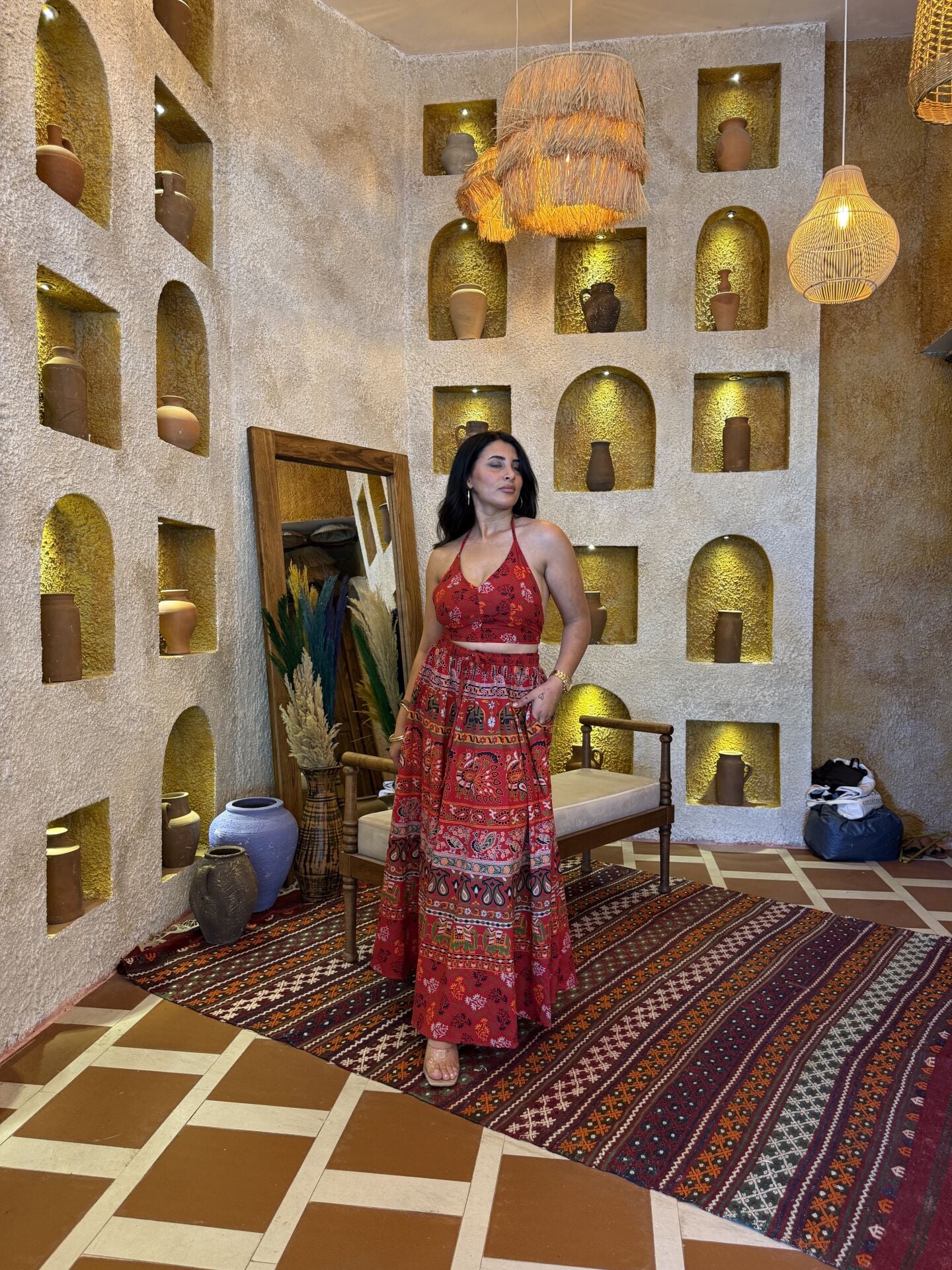 Kırmızı Etek Halter Crop Takım