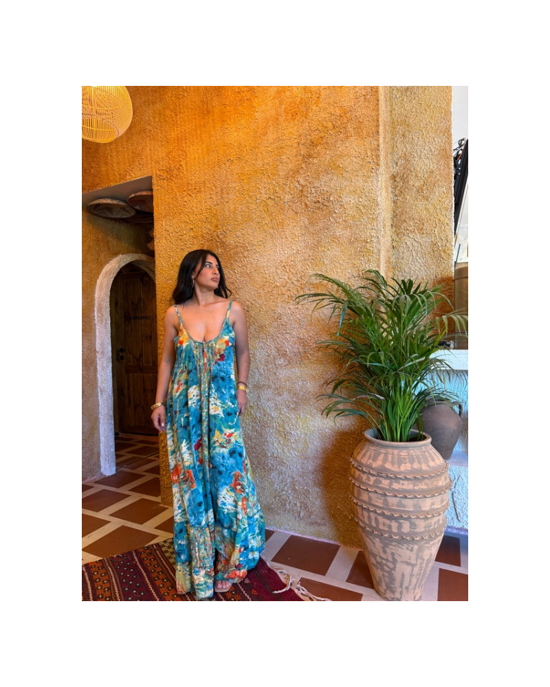 Fırfırlı Etnik Yeşil Karışık Renkli Live Elbise