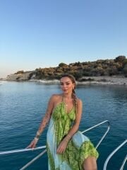 Mavi Yeşil Önü Kısa Arkası Uzun İpek Elbise