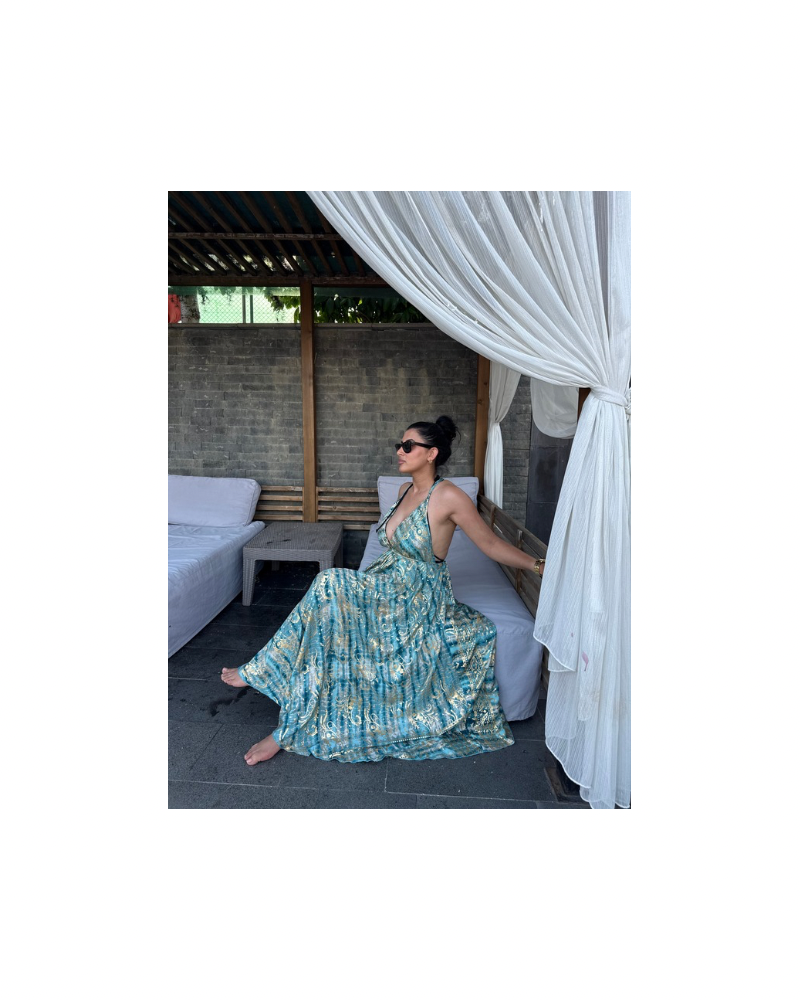 Turkuaz  Gold Varaklı Elbise