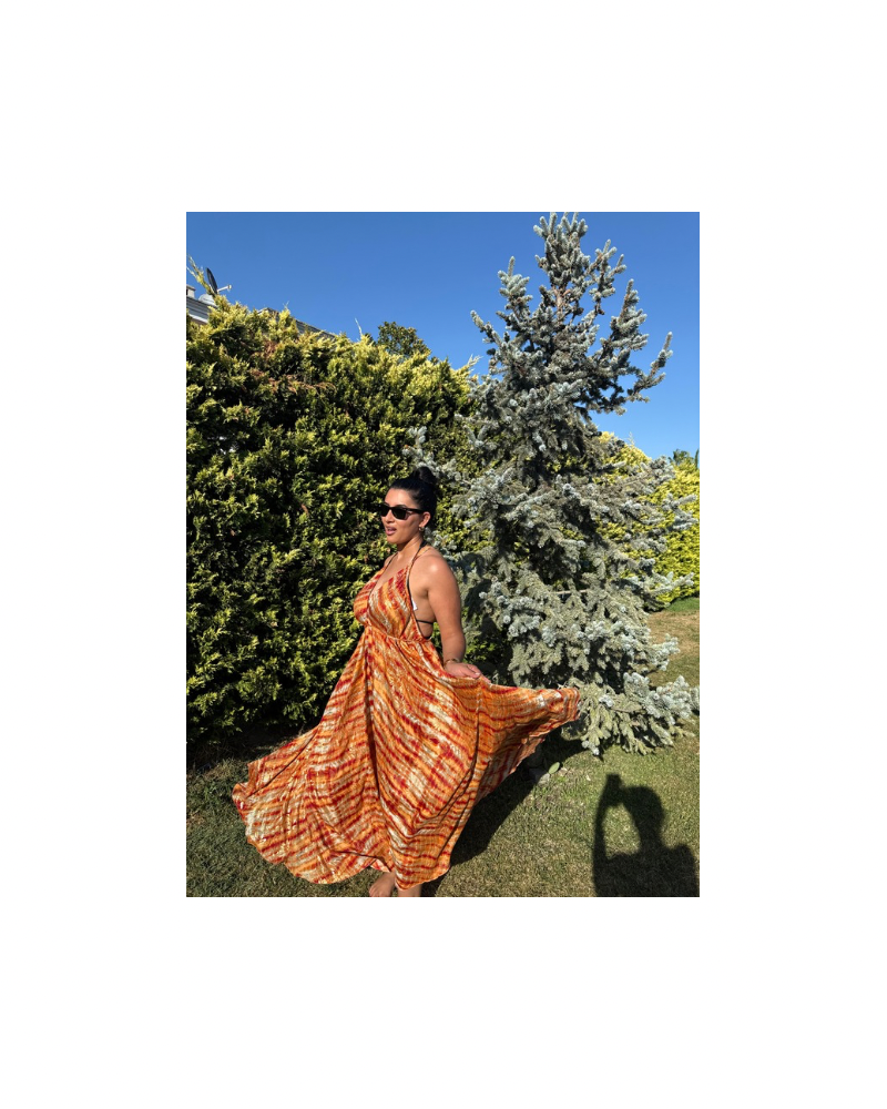 Turuncu  Gold Varaklı Elbise